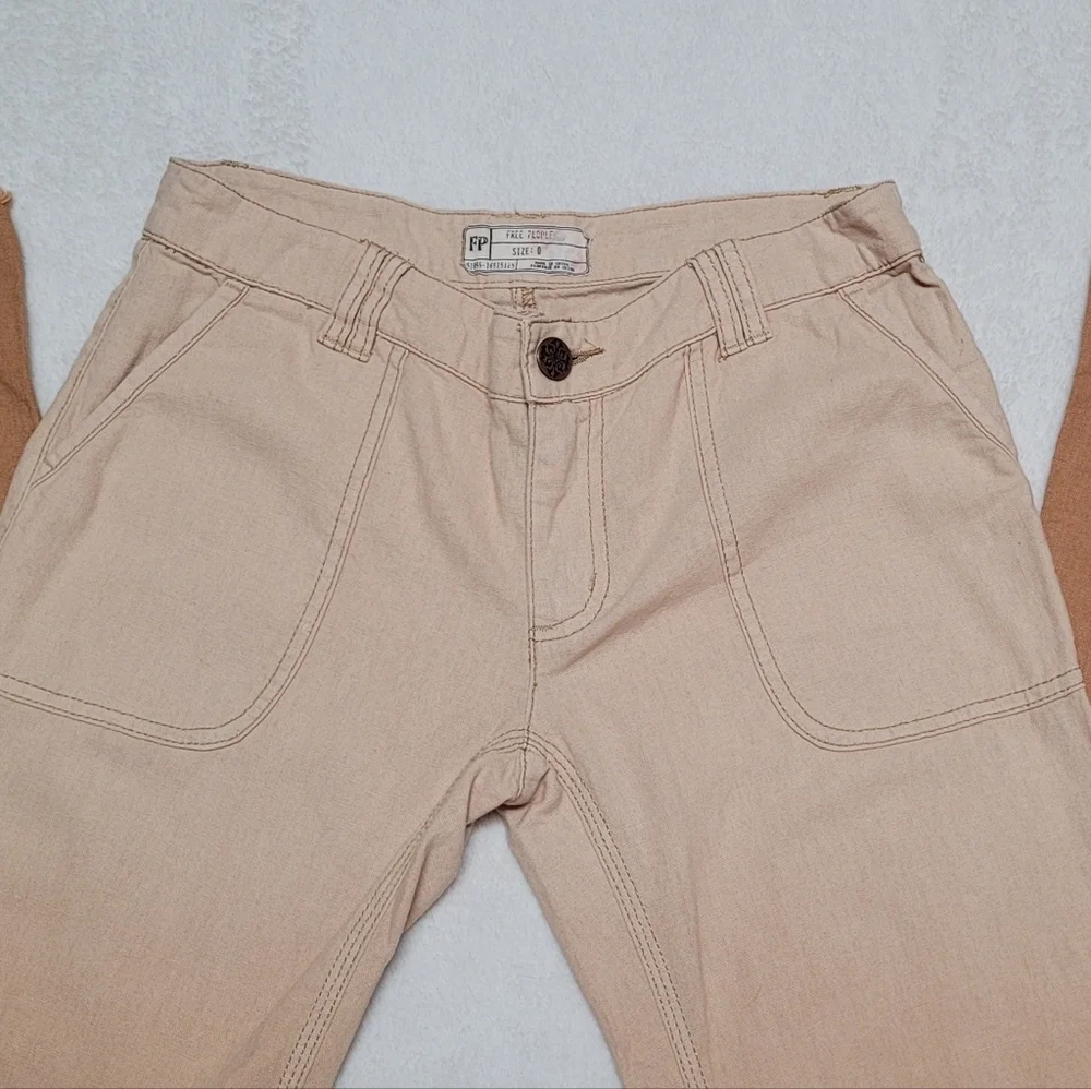 Rare Free People Beige Tan Ombre Linen Low Rise Raw Cut Bell Bottom Jeans